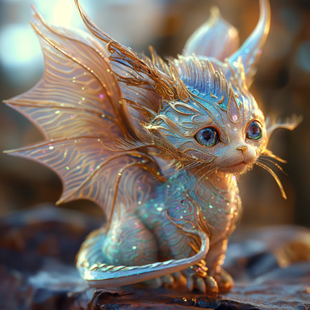 Fairytale creature with blue eyes and golden wings in the form of a dragonの素材