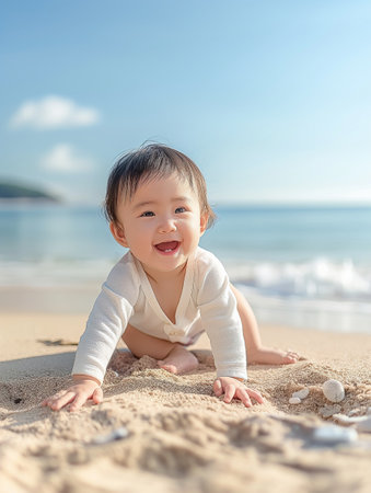 Cute asian baby playing on the beach with blue sky backgroundの素材