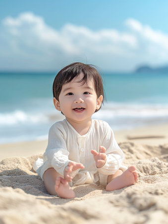 Cute asian baby playing on the beach in summer day.の素材