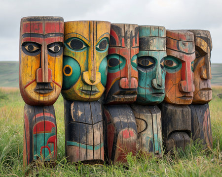 Wooden totem poles in the Okavango Delta, Botswanaの素材