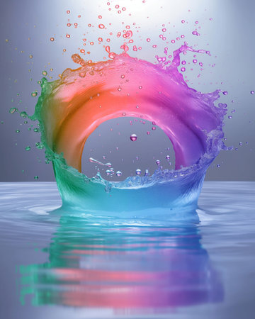 Colorful water splash with reflection on water surface. 3d renderingの素材