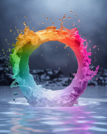 Colorful water splashes on dark background, 3d render illustrationの素材