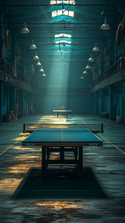 Table tennis in a dark room with light rays. 3d renderingの素材