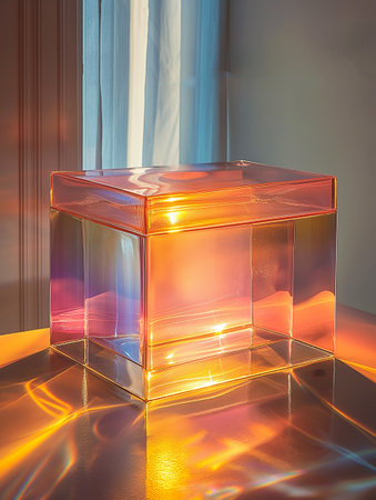 Illuminated glass cube with light reflections in the room, stock photoの素材