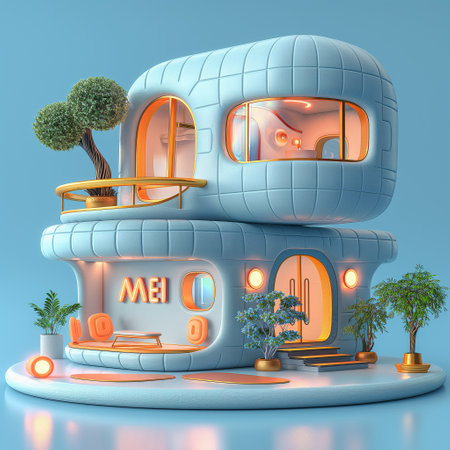 Futuristic 3D rendering of a fantasy house with a large window and an entrance.の素材