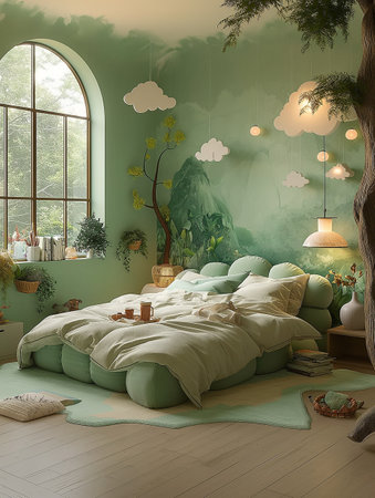 3d rendering of a green bedroom with a window and a green wallの素材