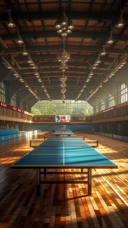 3d rendering of a table tennis tournament in an old factory buildingの素材