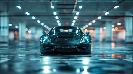 Close-up of a sports car in the parking lot at nightの素材