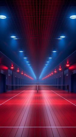 Futuristic corridor with glowing lights in dark room. 3D renderingの素材