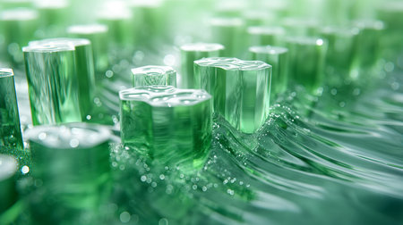 3d render of glass cubes with water drops. Green background.の素材