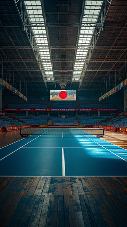 Empty indoor tennis court with wooden floor and red and blue flag of Japanの素材