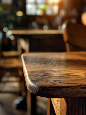 Wooden table and chairs in cafe, shallow depth of field.の素材