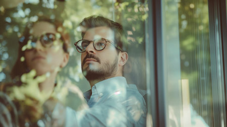 young business people in eyeglasses looking out of window at officeの素材
