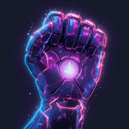Cyborg hand with glowing neon light on dark background. Vector illustrationの素材