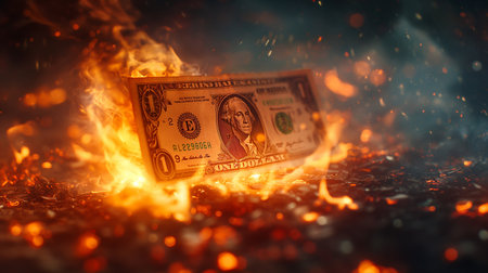 Burning money dollar banknote in fire flames on dark background.の素材