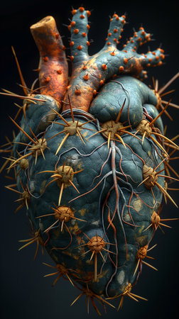Human heart with prickly thorns on black background. 3d illustrationの素材