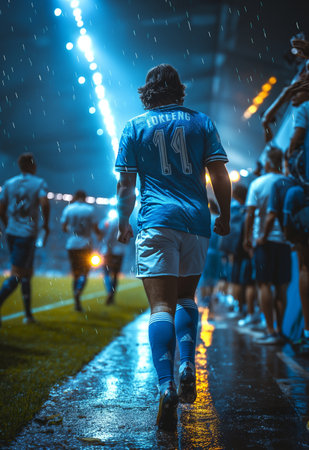 Rear view of a male soccer player running through the rain.の素材