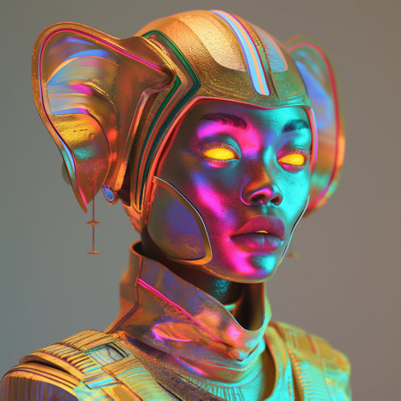 3D rendering of a female robot with metallic skin in neon lightの素材