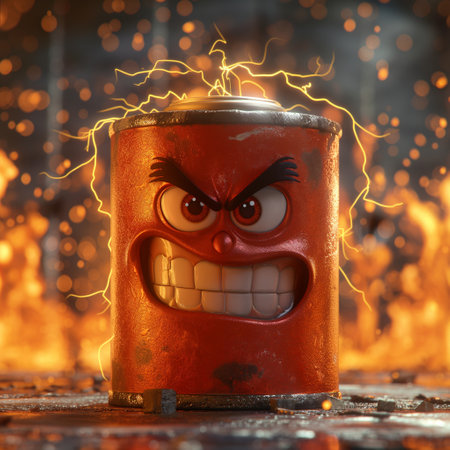 Burning tin can with funny face. Halloween concept. 3d renderingの素材