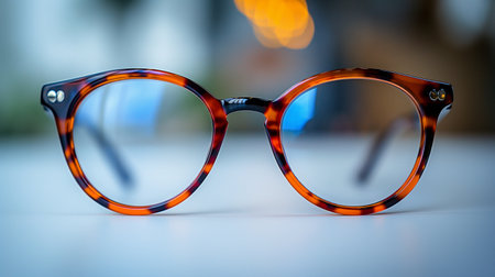 Eyeglasses with orange frame on white table with bokeh backgroundの素材