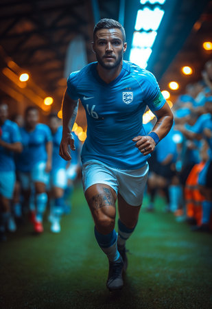 Portrait of a male soccer player in action at the stadium.の素材