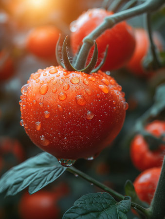 Ripe red tomatoes with drops of water on a branch in the gardenの素材