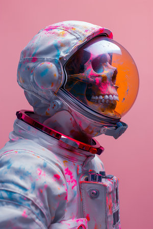 Astronaut in a spacesuit with a painted skull on a pink backgroundの素材