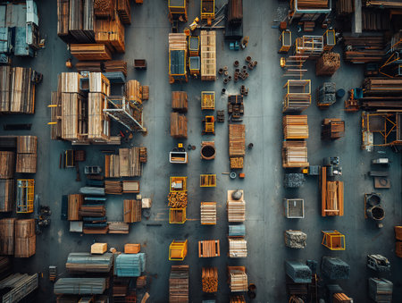 Aerial view of a warehouse with many different types of furniture.の素材
