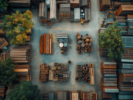 Top view of warehouse with different types of metal products. Industrial backgroundの素材