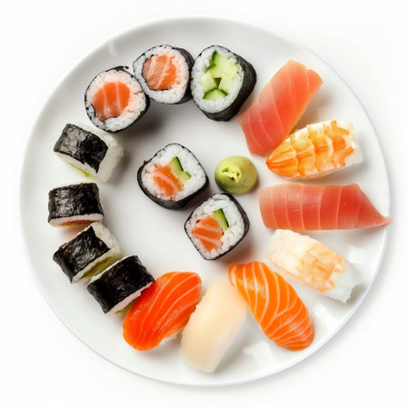 Sushi set on white plate isolated on white background. Japanese food.の素材