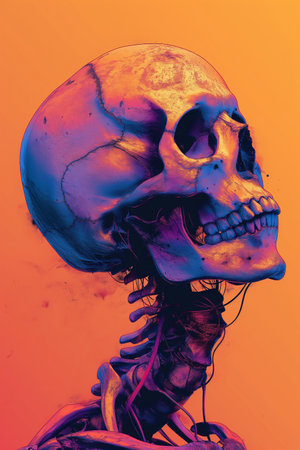 Human skeleton with blood on the orange background. 3d illustration.の素材