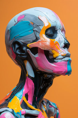Close up portrait of a female skeleton on orange background. Halloween concept.の素材