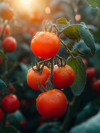 Ripe red cherry tomatoes on a branch in the garden. Selective focus.の素材
