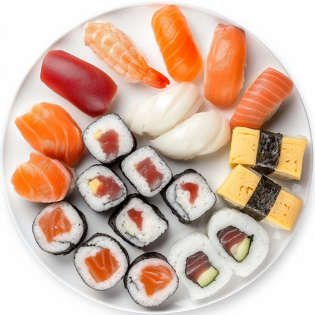 Sushi set on a white background. Japanese food. View from above.の素材