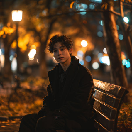 Portrait of a young man sitting on a bench at night in the city.の素材