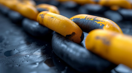 Close up of yellow and black chain with water drops on black backgroundの素材