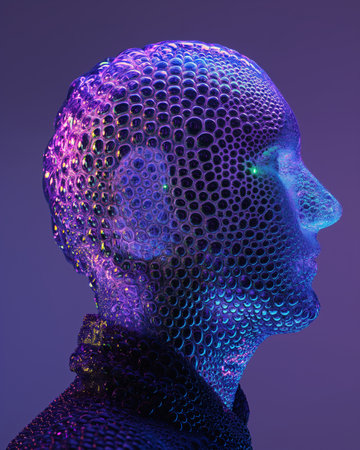 Artificial intelligence concept. 3D rendering of a man's head made of geometric shapes.の素材