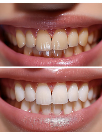 Close up of beautiful female teeth before and after whitening procedure.の素材