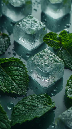 Ice cubes with mint leaves and water drops on a dark background.の素材