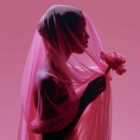 Silhouette of a beautiful woman in a veil on a pink backgroundの素材