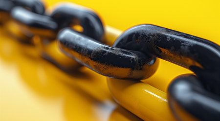 chain link on yellow background, closeup of photo with selective focusの素材