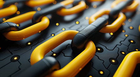 Close up of yellow carabiners on black background. 3d renderingの素材