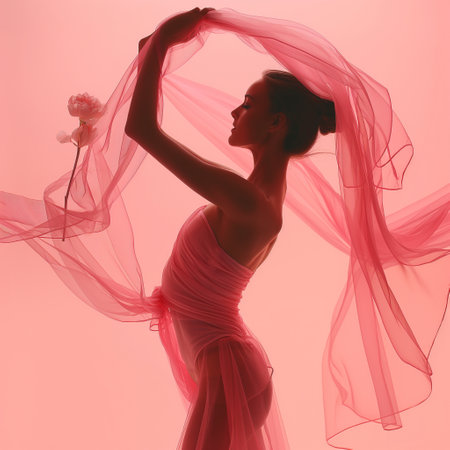 Silhouette of a beautiful woman in a pink dress with a tulleの素材