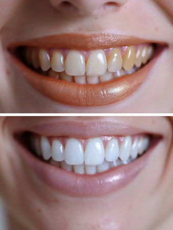 Female teeth before and after whitening. Before and after whitening.の素材