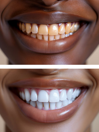 Before and after teeth whitening. Closeup of beautiful young african american woman smiling at camera. Dental care conceptの素材