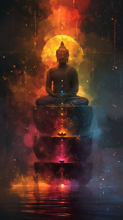 Buddha statue in meditation with colorful fire and smoke background.の素材