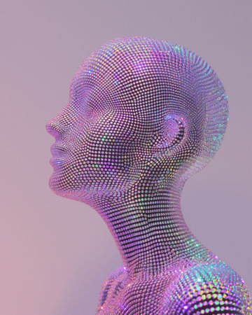 3d rendering of a female cyborg head with a lot of pixelsの素材