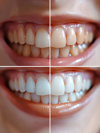 Collage of beautiful female smile with healthy teeth. Dentistry conceptの素材