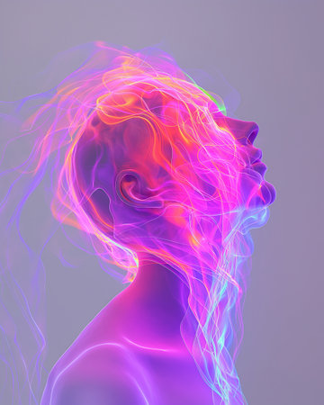 3D Illustration of a Female Face with Blowing Light in itの素材