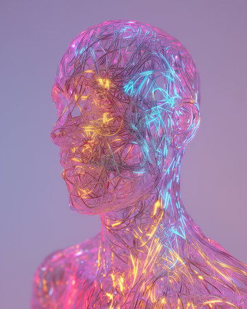 Human head with glowing neon lines. 3D rendering, 3D illustration.の素材